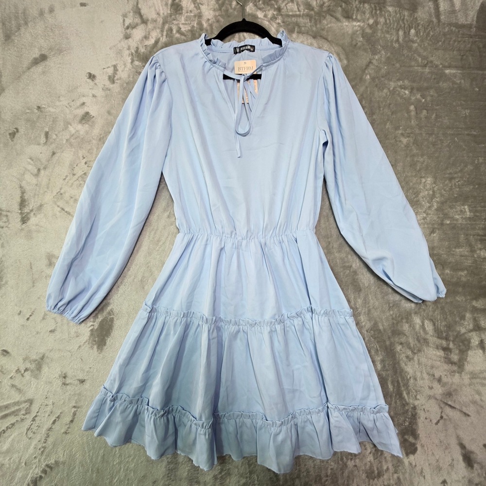 BTFBM Women Light Blue Ruffle Neck Tiered Mini Dress Long Sleeve Smocked Waist S